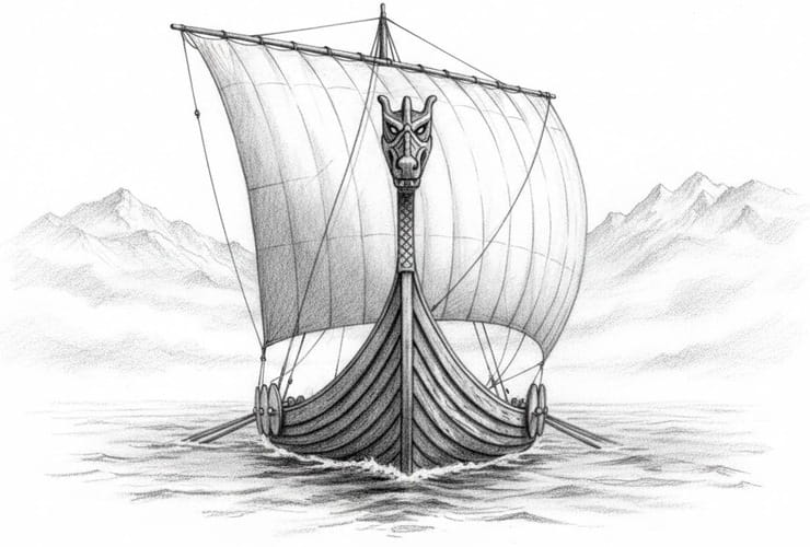 Viking longship with carved dragon head and raised sail sailing across the northern sea