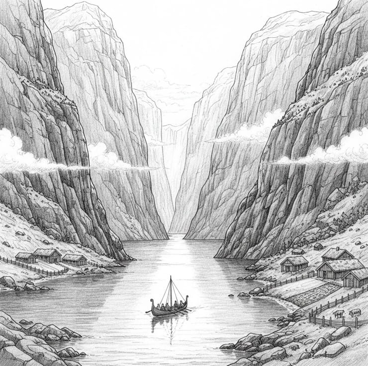 Viking ship sailing through a Scandinavian fjord with mountains and coastal settlement