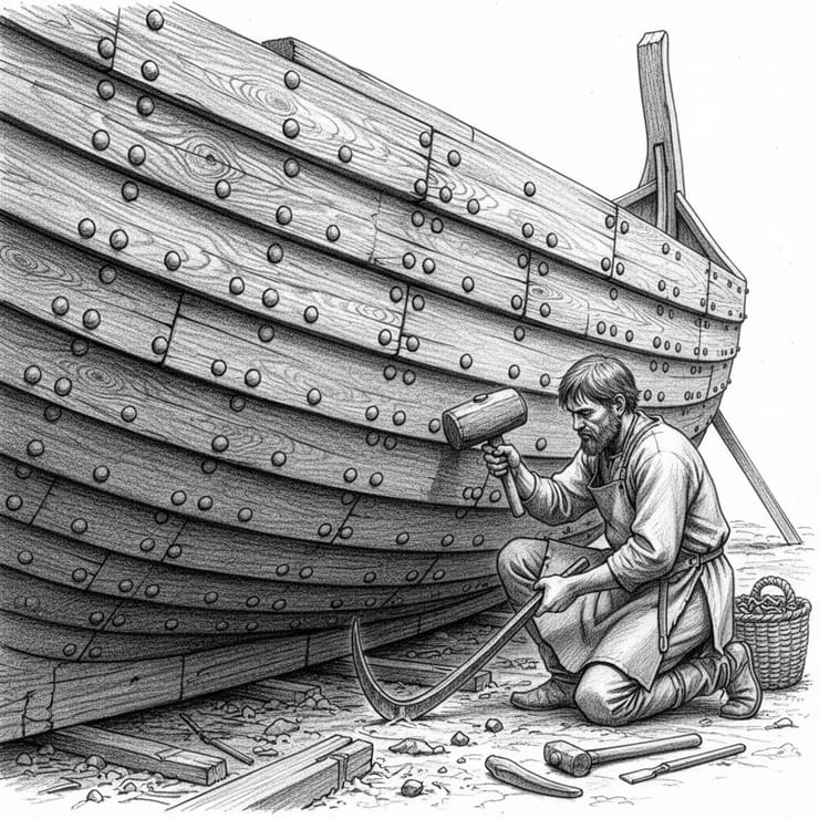 Viking shipbuilder crafting a clinker-built longship using traditional Norse techniques
