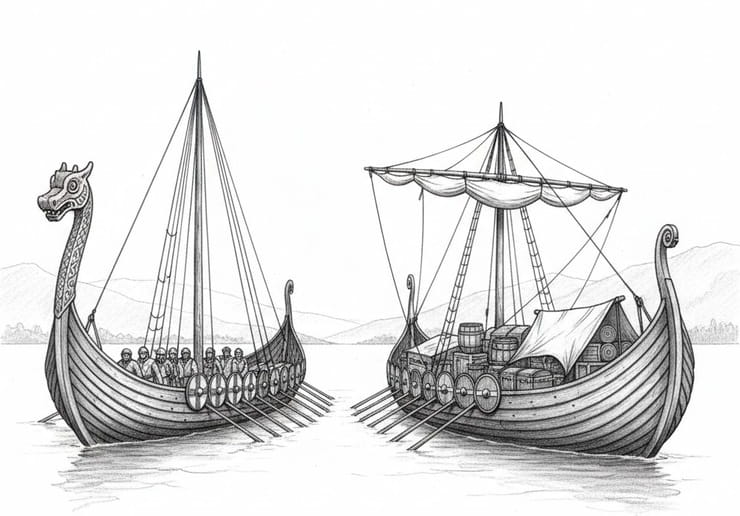 Viking war longship and trading knarr with crew, oars, and cargo side by side