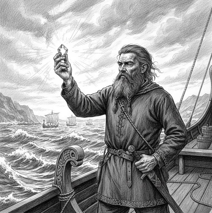 Викинг использует солнечный камень для навигации в открытом море на борту корабля