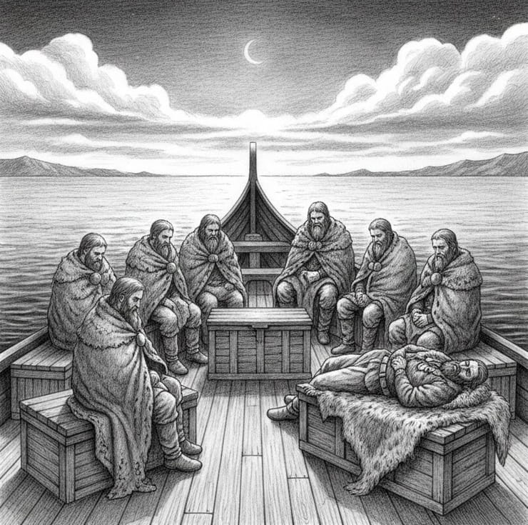 Viking crew resting and sleeping aboard a longship during a night sea voyage