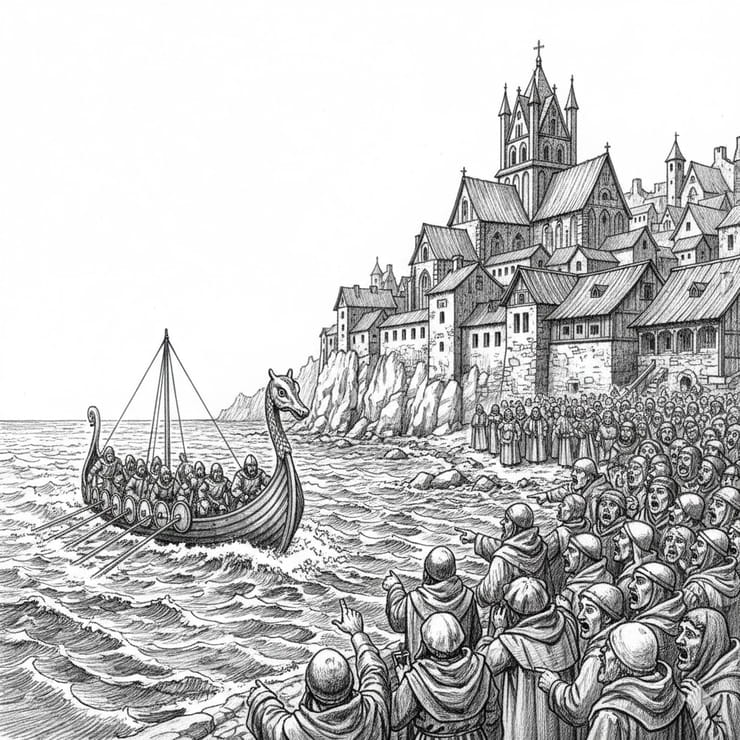 Viking longship approaching a European coastal city as alarmed townspeople gather on shore
