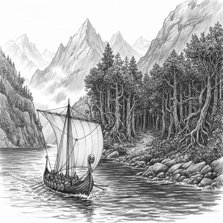 Viking longship sailing along a river through forests and mountains of Scandinavia