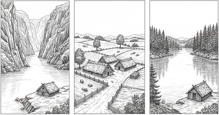 Different Viking settlement types: mountain farm, rural homestead, and lakeside dwelling