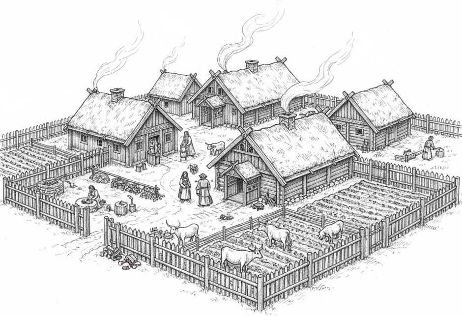 Viking village with longhouses, livestock enclosures, and daily life of the community