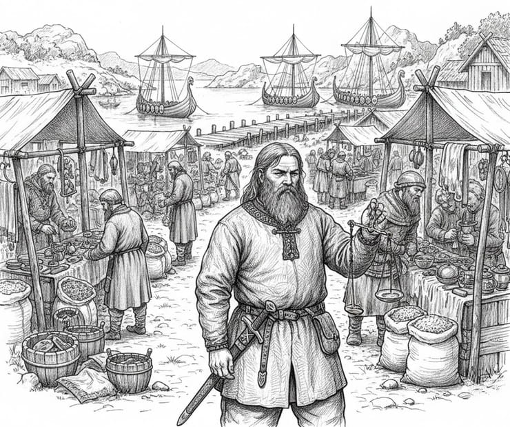 Viking trading market near a harbor with merchants, scales, and ships