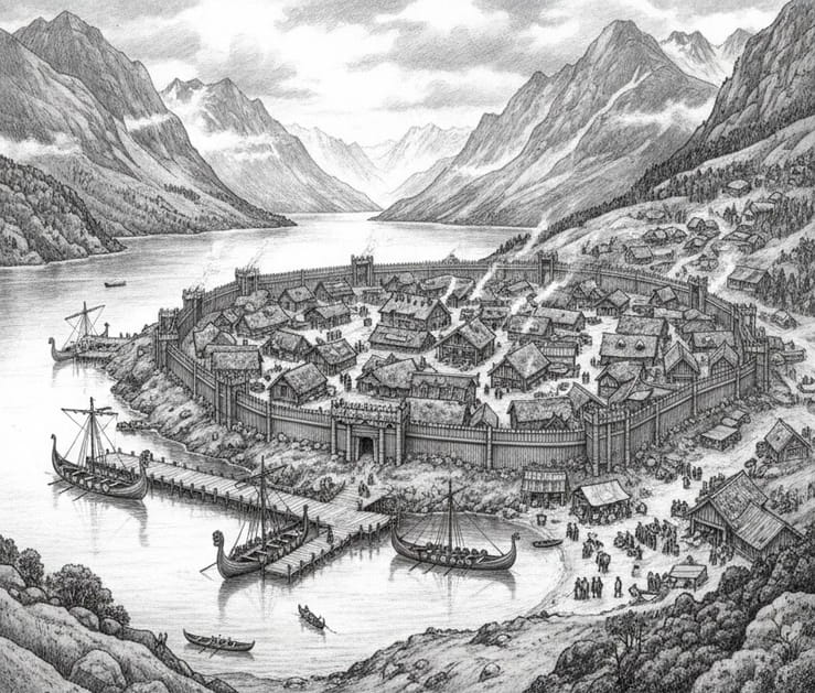 Крупный торговый город викингов с укреплениями, гаванью и кораблями у причалов