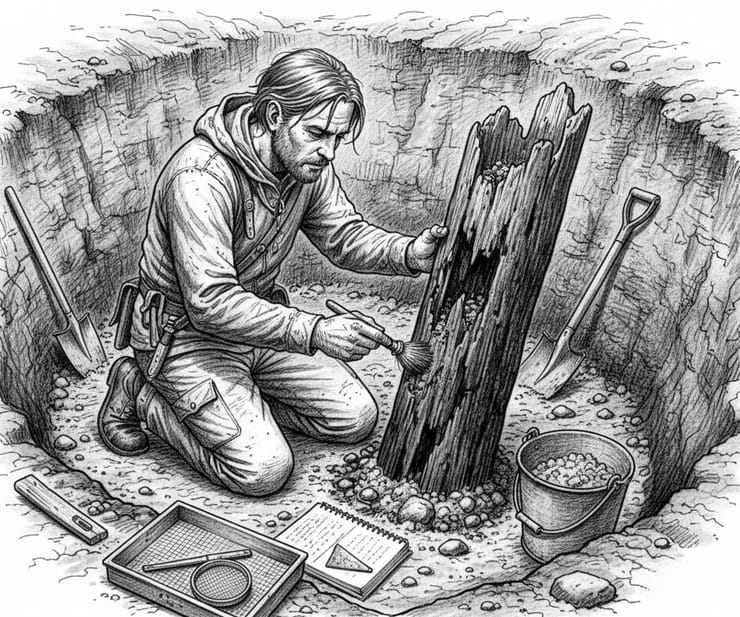 Archaeologist excavating wooden remains of a Viking Age settlement