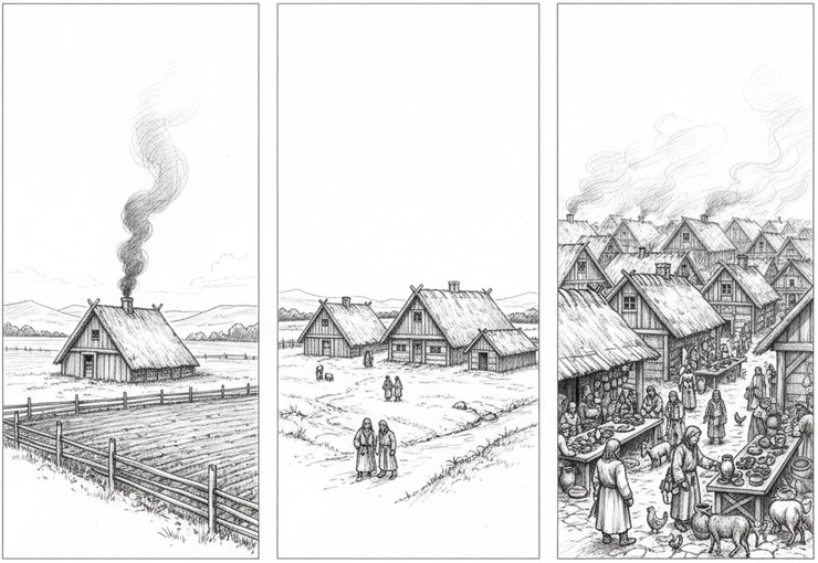 Evolution of Viking settlements from a single farm to a village and community