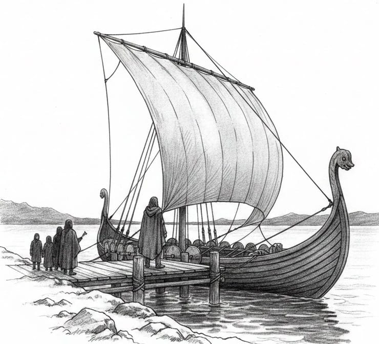 Viking longship at a wooden pier before a sea voyage, people seeing the crew off