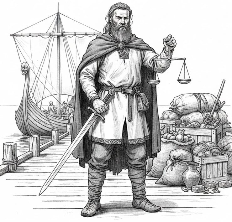 Viking trader holding scales and a sword on a pier, trade and warfare as one role