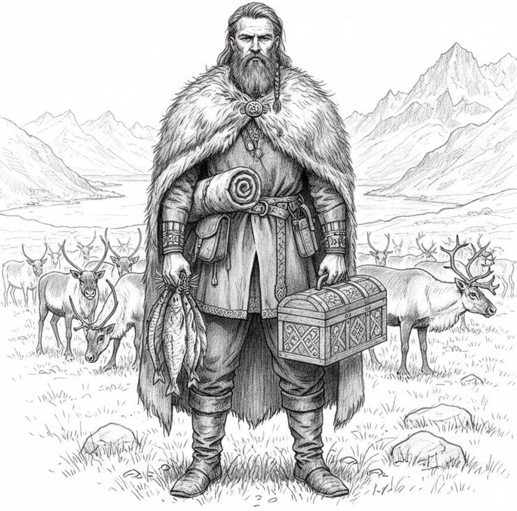Wealthy Norseman with trade goods and a chest against a northern landscape