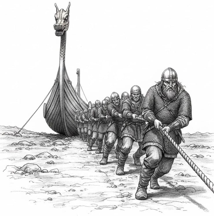 Vikings hauling a longship over land along eastern trade routes