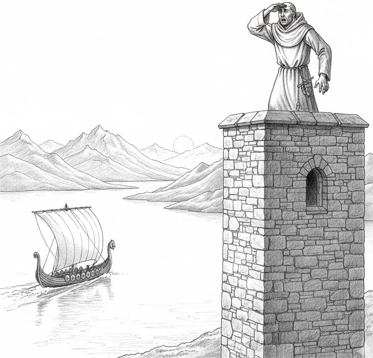 Watchman spotting a Viking longship approaching the coast at dawn