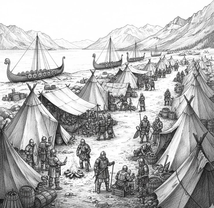 Viking coastal camp with tents, warriors, and ships before a campaign