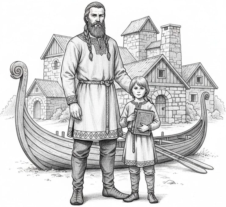 Scandinavian man and child near a ship and stone houses symbolizing settled life