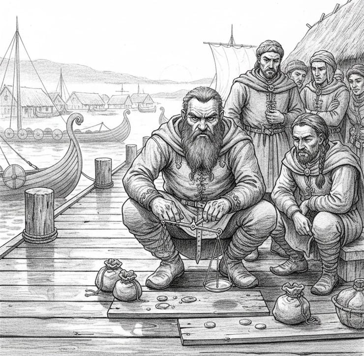 Viking Age merchant weighing silver with folding scales on a trade harbor pier