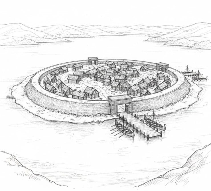 Fortified Viking trade center with earthen rampart, gates, and ship docks