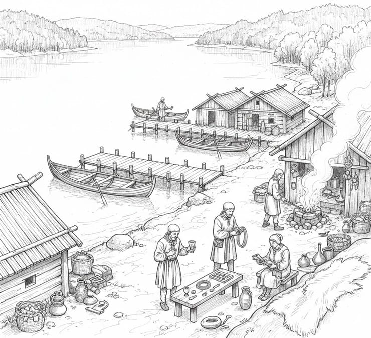 Early trading settlement of Helgö by a lake, predecessor of Viking Age towns