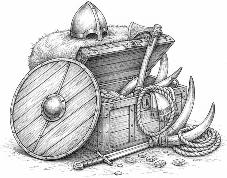 Viking Age chest containing weapons, shield, helmet, furs, walrus tusks, and trade goods